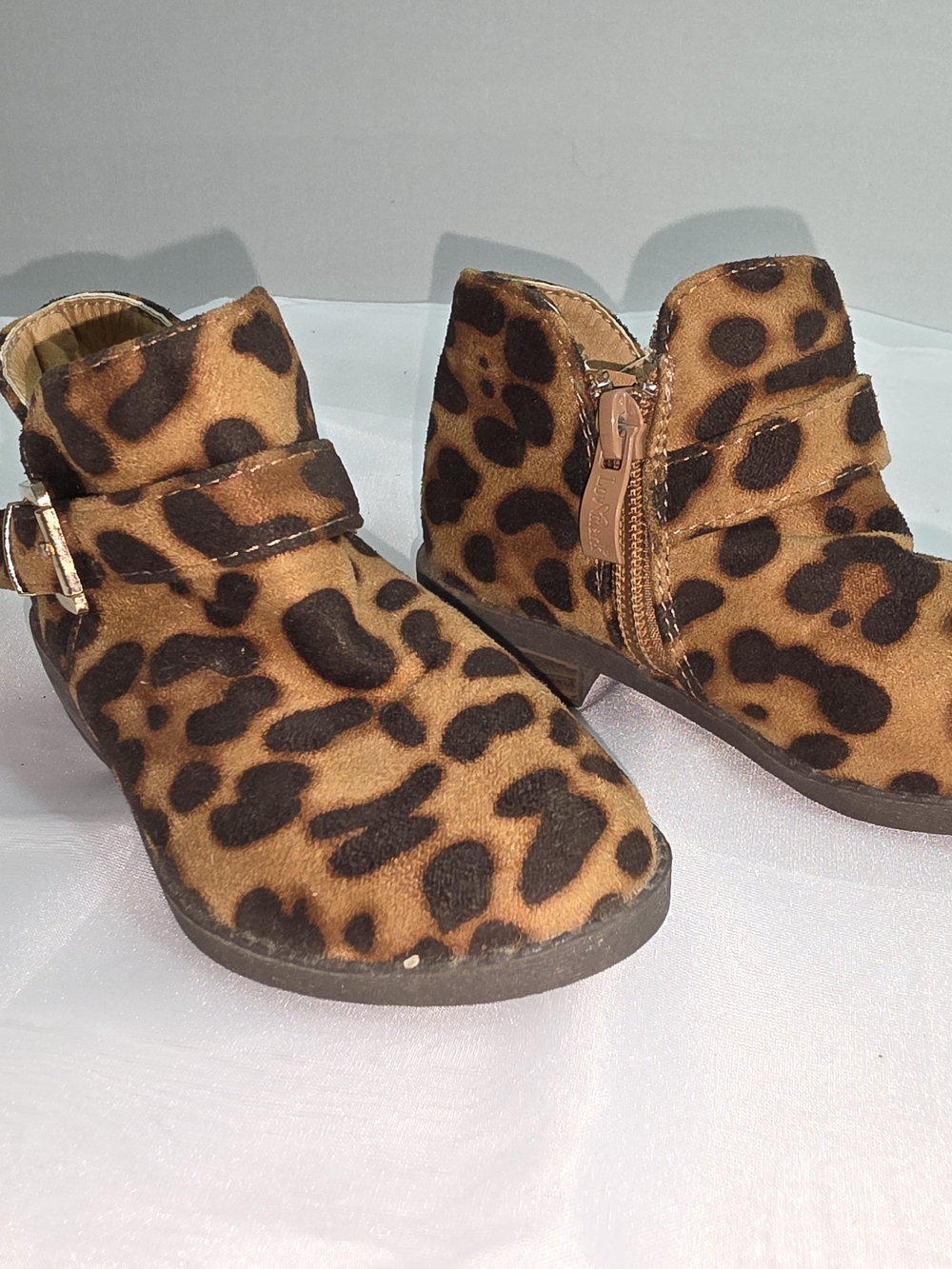 Little Girls Leopard Print Ankle Boots with Side Zip and Buckle Detail